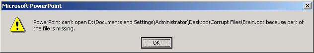 Screenshot of a corrupt PowerPoint presentation error.