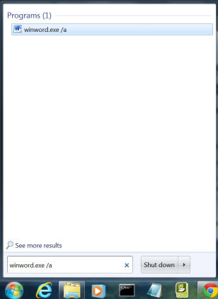 Start up Winword with the slash a switch in the Search filed above the Start button.